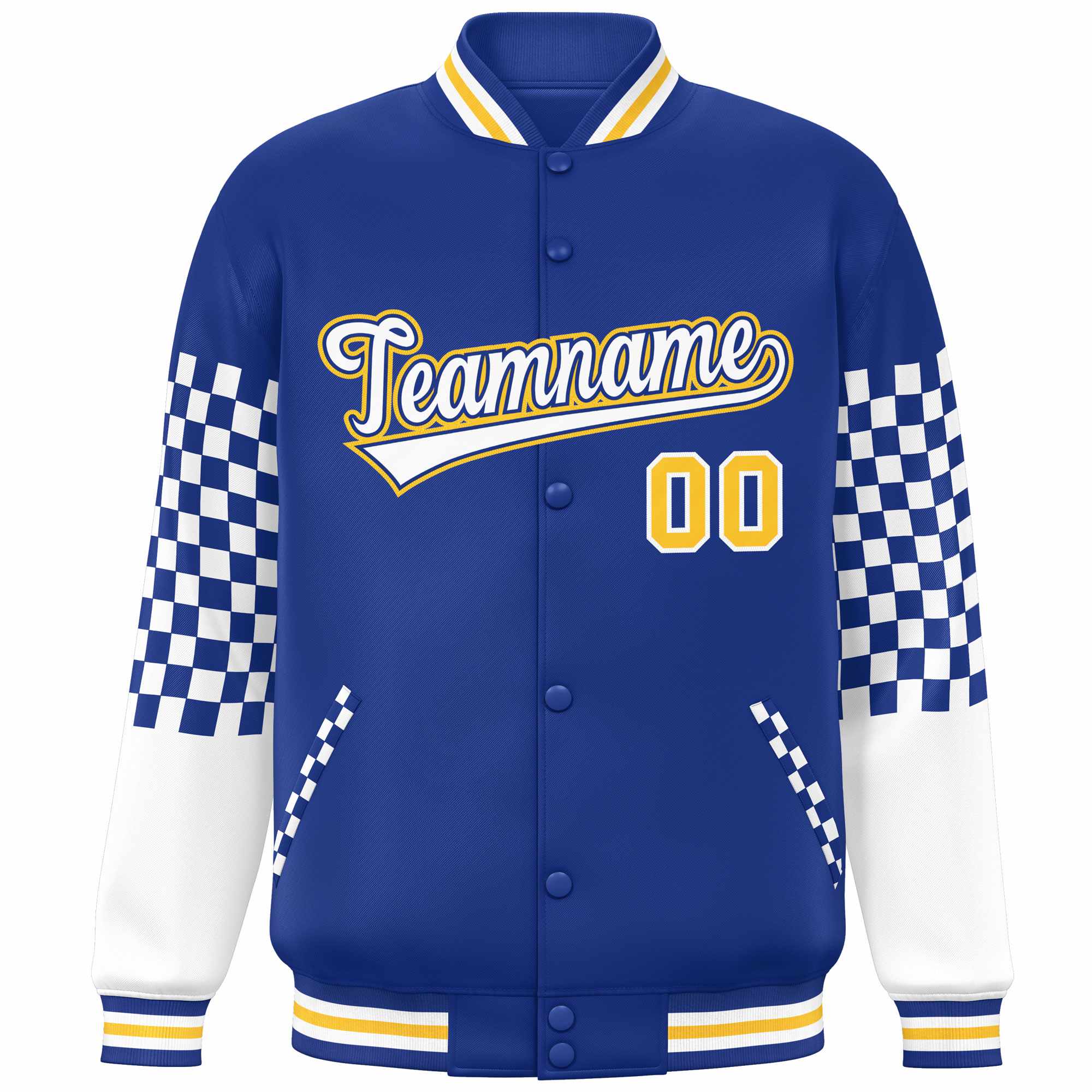 Custom Royal White-Gold Checkered Pattern Color Block Bomber Varsity Jacket