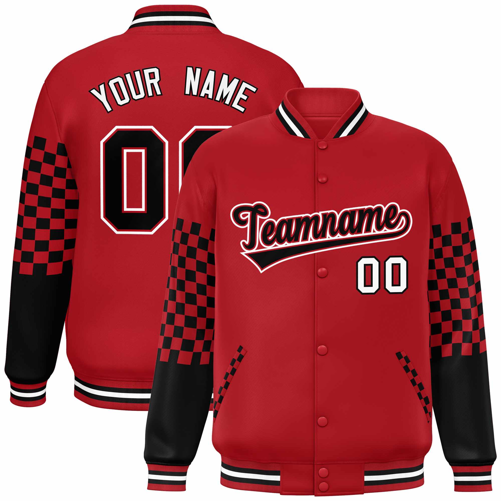 Custom Red Black-White Checkered Pattern Color Block Bomber Varsity Jacket