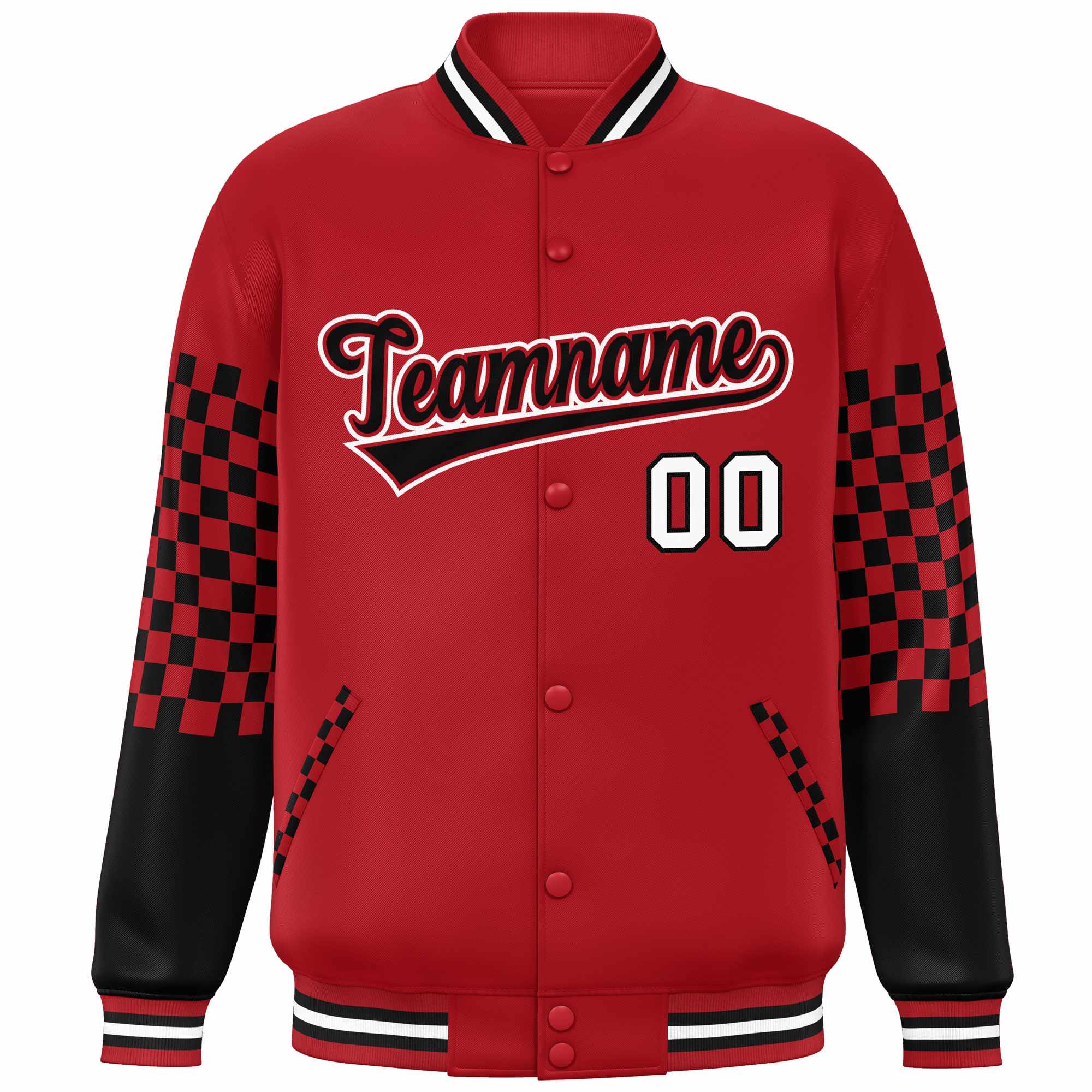 Custom Red Black-White Checkered Pattern Color Block Bomber Varsity Jacket