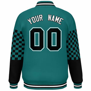 Custom Aqua Black-White Checkered Pattern Color Block Bomber Varsity Jacket