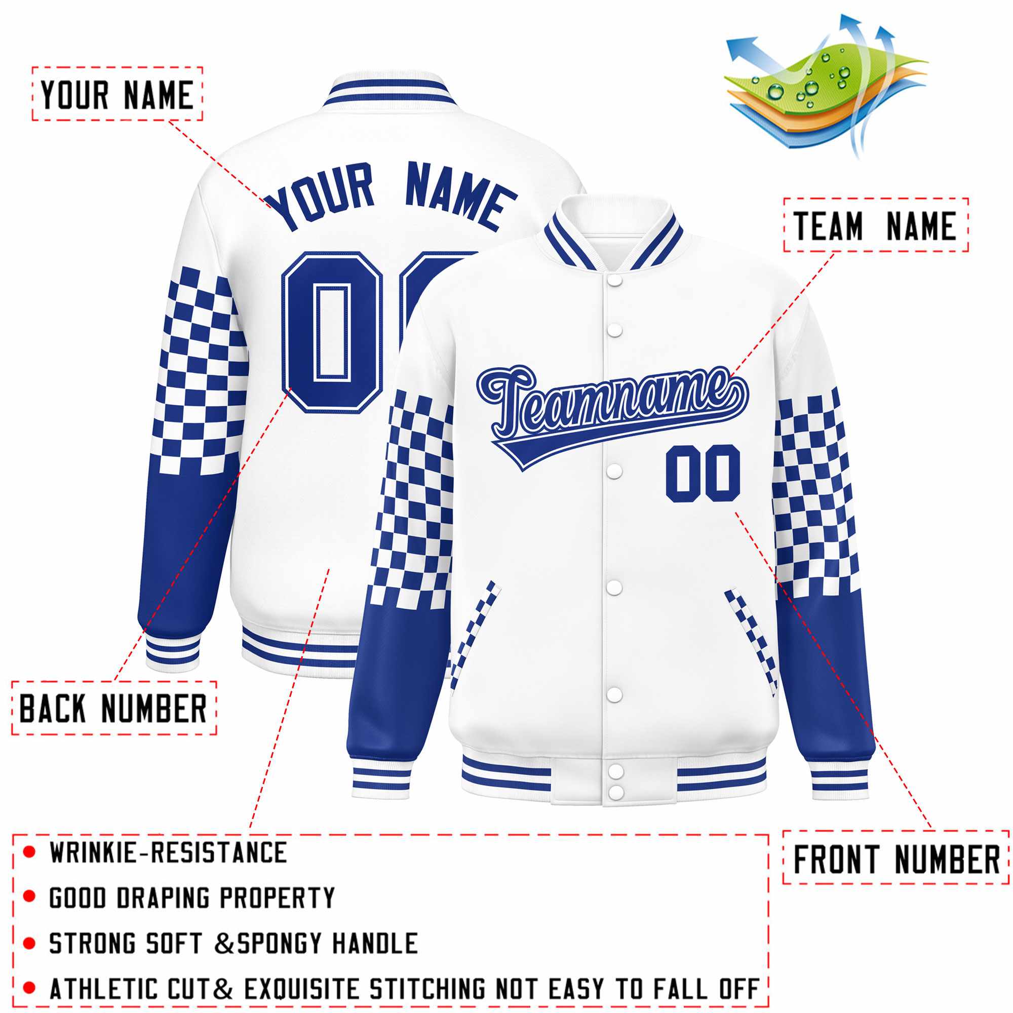 Custom White Royal Checkered Pattern Color Block Bomber Varsity Jacket