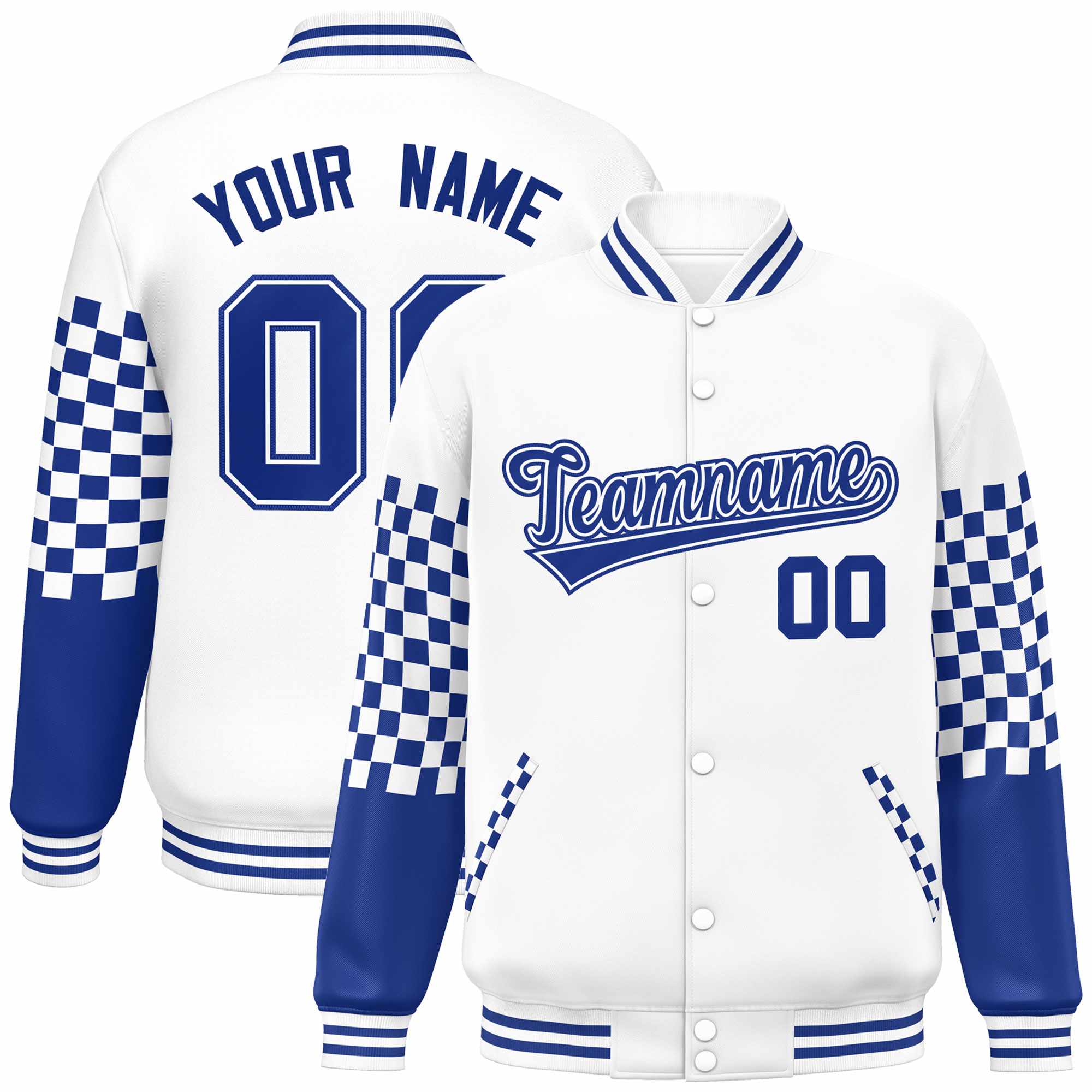 Custom White Royal Checkered Pattern Color Block Bomber Varsity Jacket