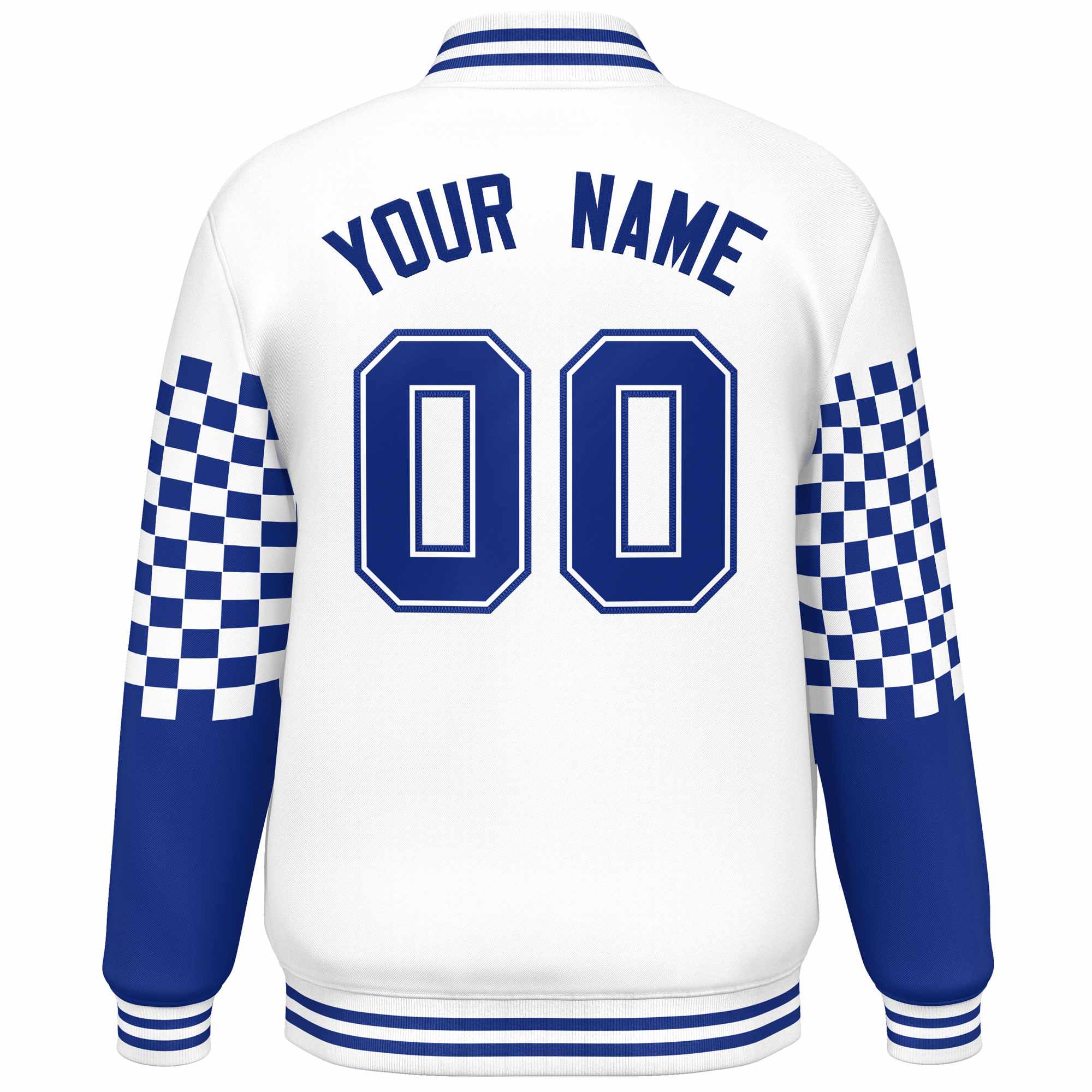 Custom White Royal Checkered Pattern Color Block Bomber Varsity Jacket