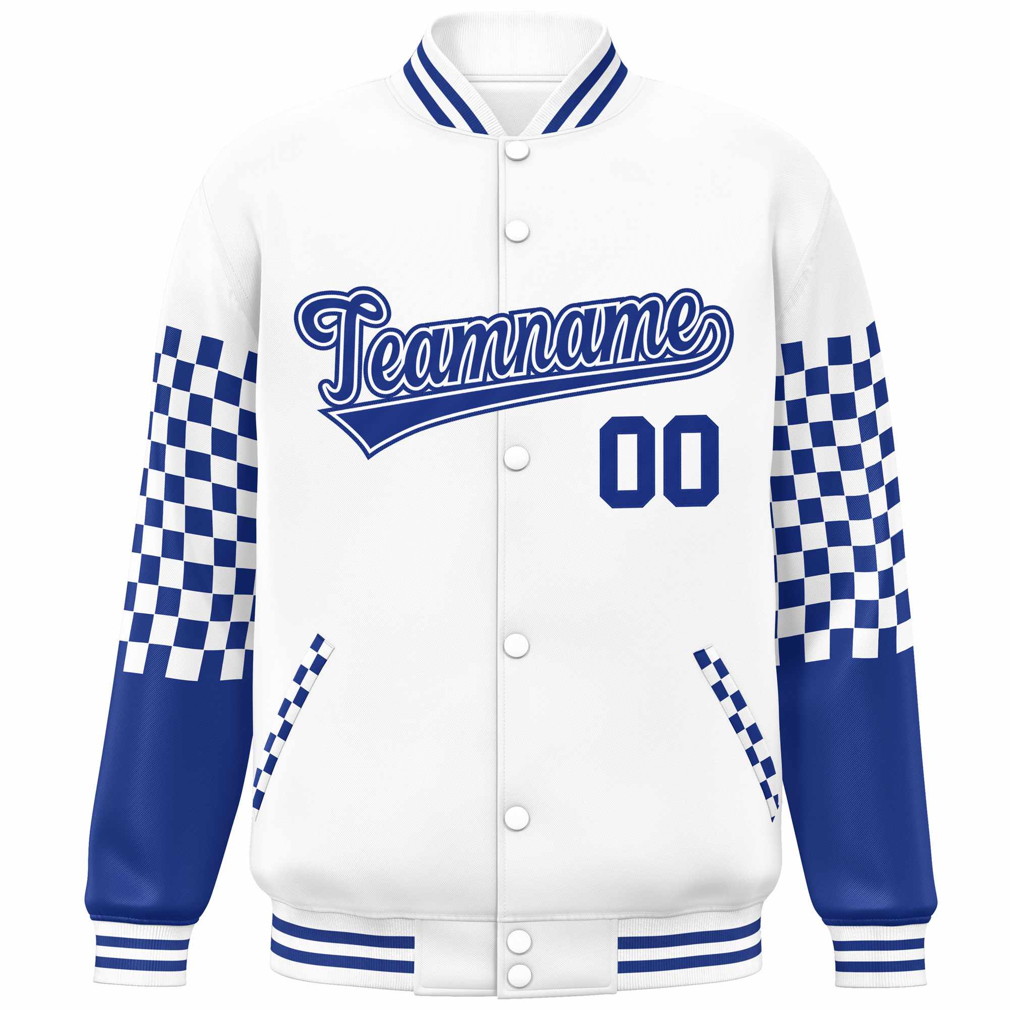 Custom White Royal Checkered Pattern Color Block Bomber Varsity Jacket