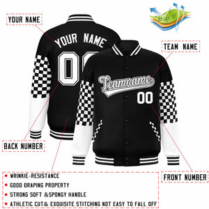 Custom Black White Checkered Pattern Color Block Bomber Varsity Jacket