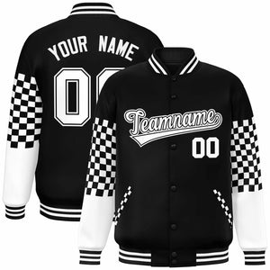 Custom Black White Checkered Pattern Color Block Bomber Varsity Jacket