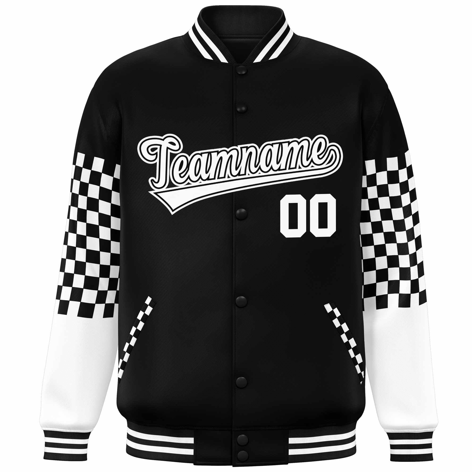 Custom Black White Checkered Pattern Color Block Bomber Varsity Jacket