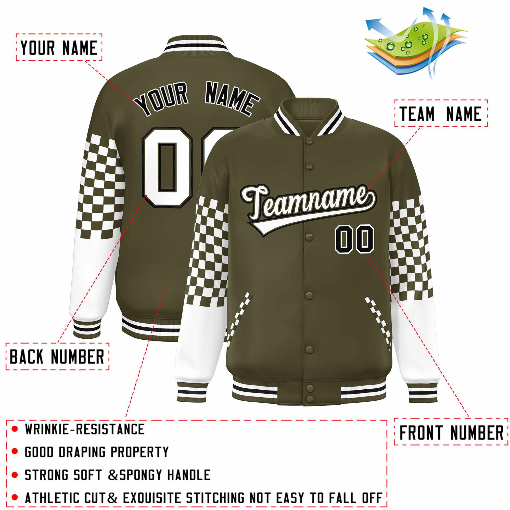 Custom Olive White-Black Checkered Pattern Color Block Bomber Varsity Jacket