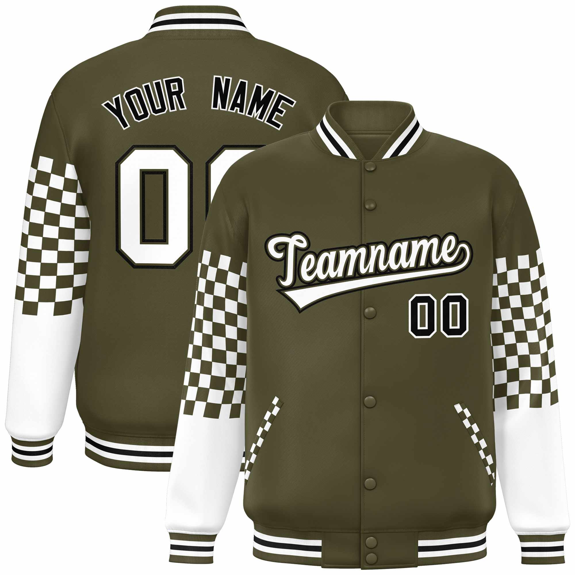 Custom Olive White-Black Checkered Pattern Color Block Bomber Varsity Jacket