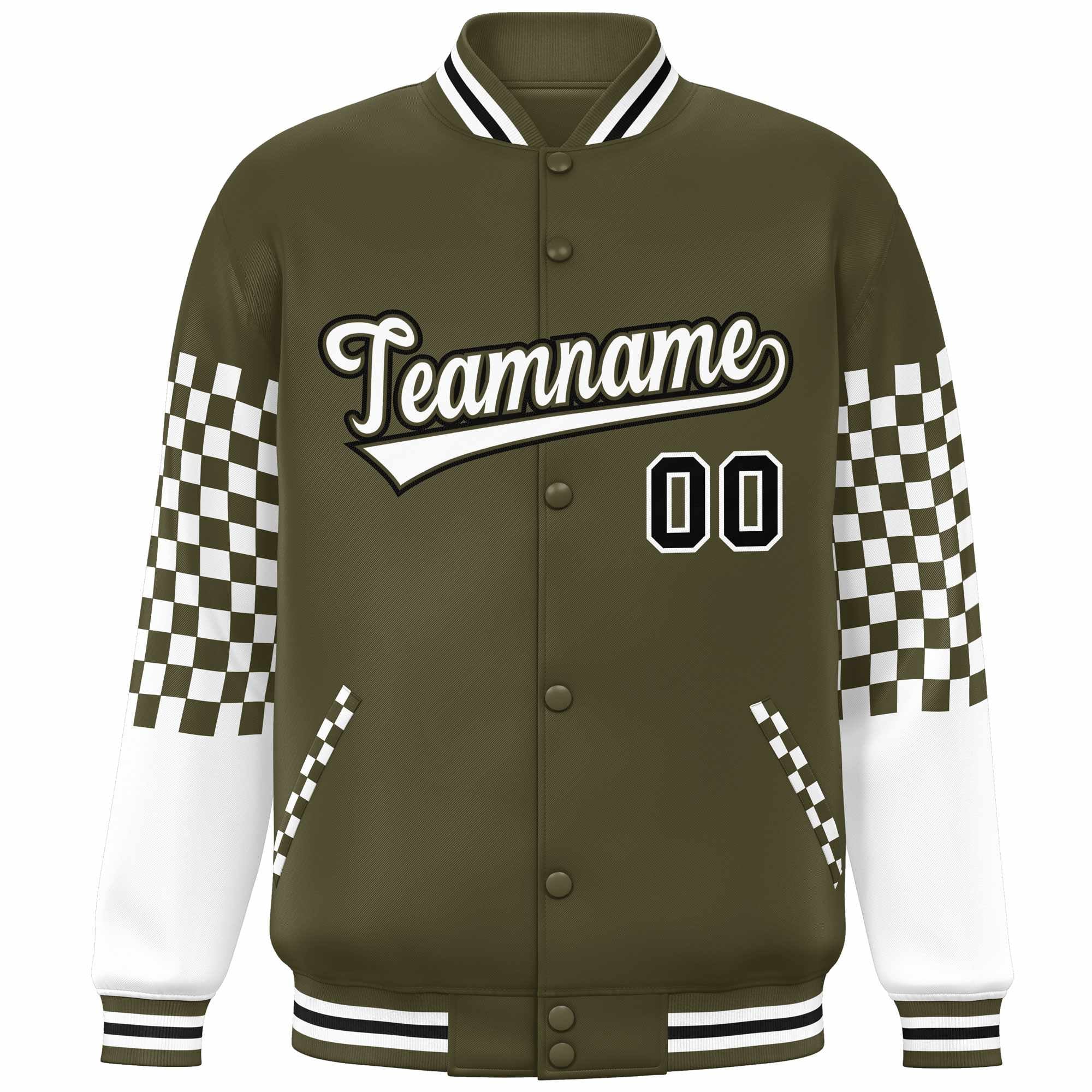 Custom Olive White-Black Checkered Pattern Color Block Bomber Varsity Jacket