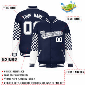 Custom Navy White Checkered Pattern Color Block Bomber Varsity Jacket