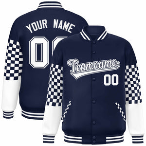 Custom Navy White Checkered Pattern Color Block Bomber Varsity Jacket