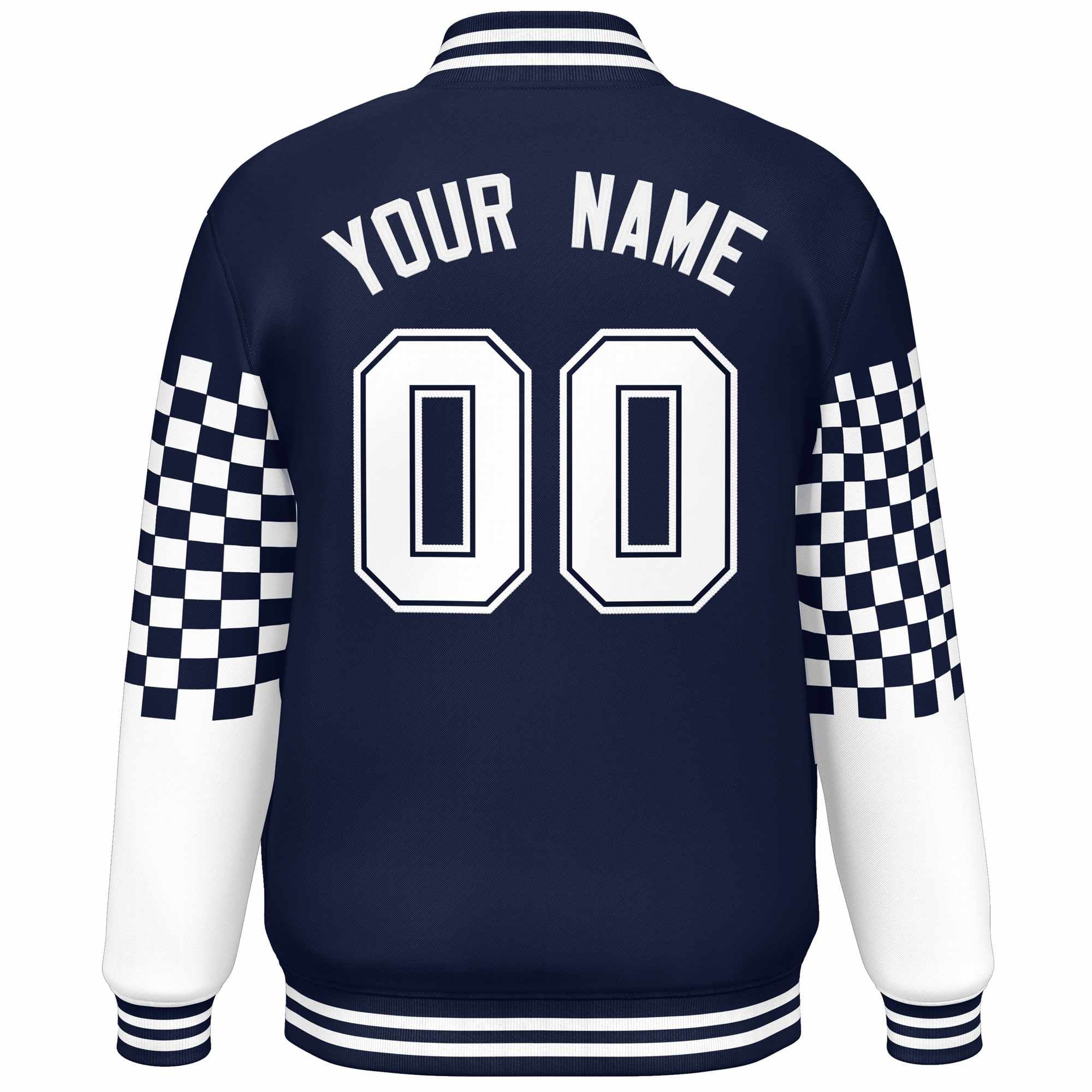 Custom Navy White Checkered Pattern Color Block Bomber Varsity Jacket