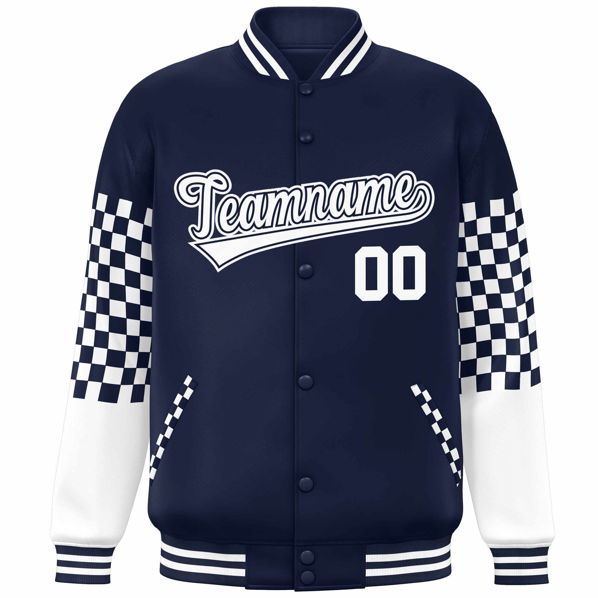 Custom Navy White Checkered Pattern Color Block Bomber Varsity Jacket