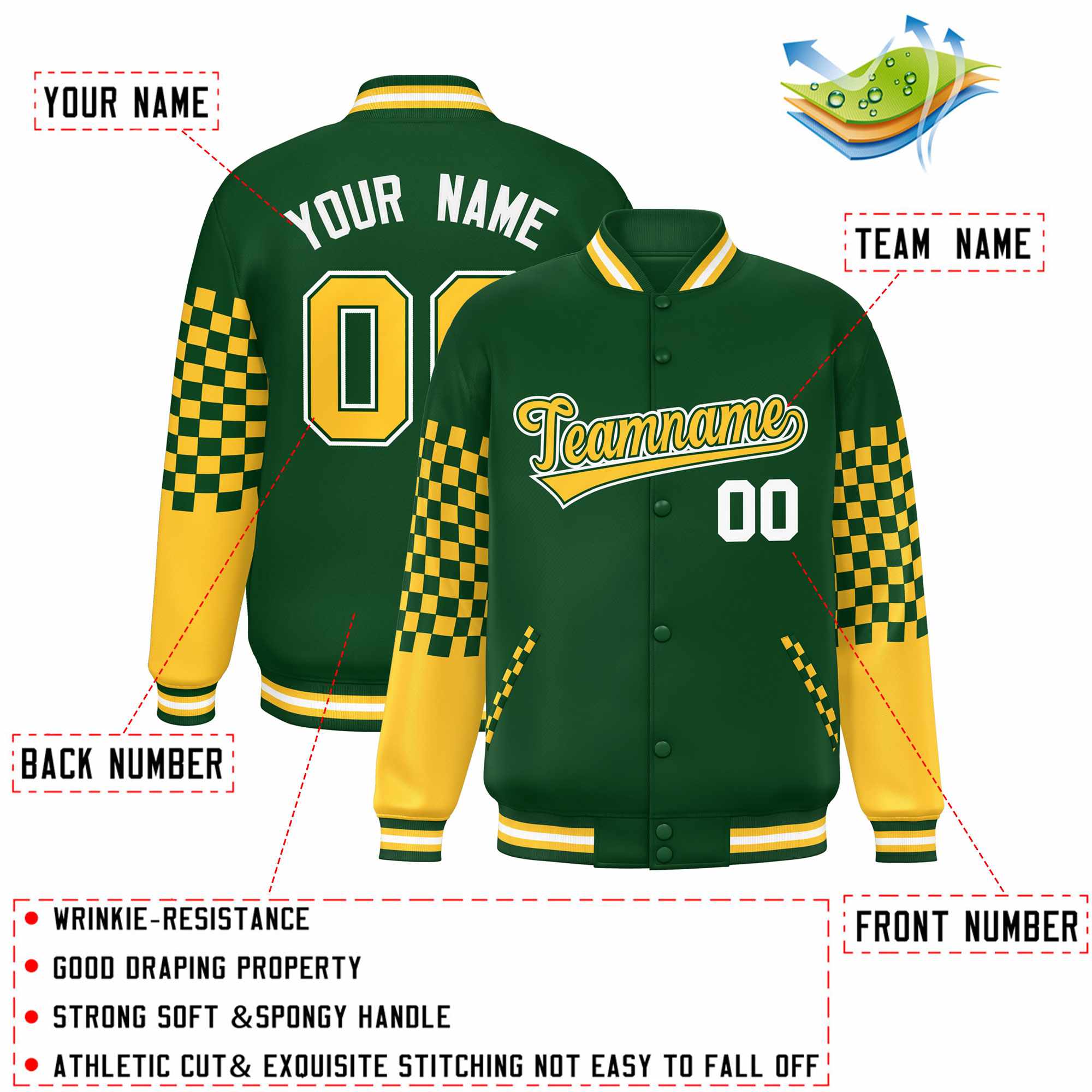 Custom Green Gold-White Checkered Pattern Color Block Bomber Varsity Jacket