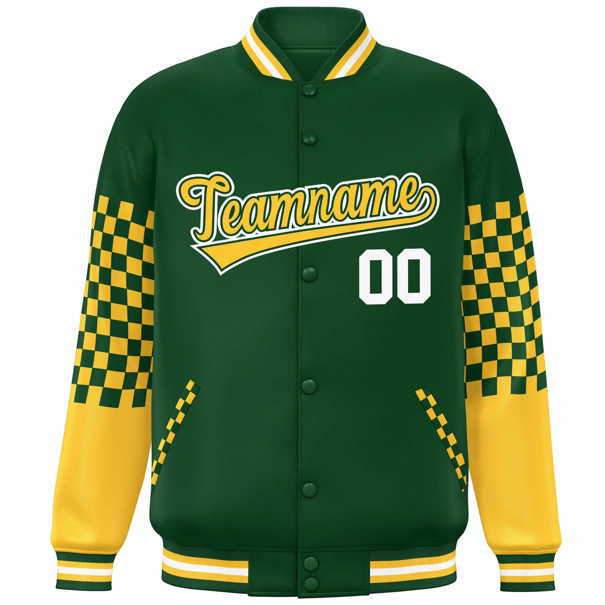 Custom Green Gold-White Checkered Pattern Color Block Bomber Varsity Jacket