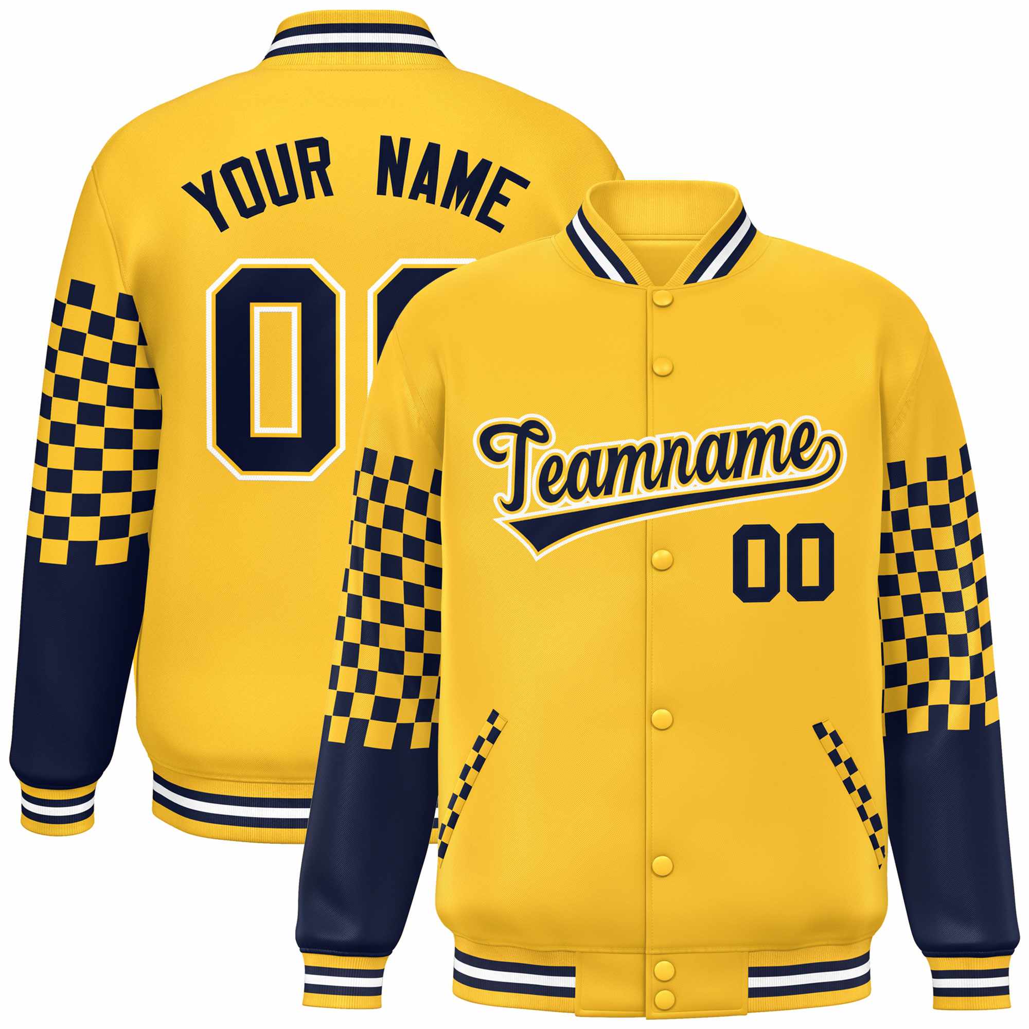 Custom Gold Navy-White Checkered Pattern Color Block Bomber Varsity Jacket