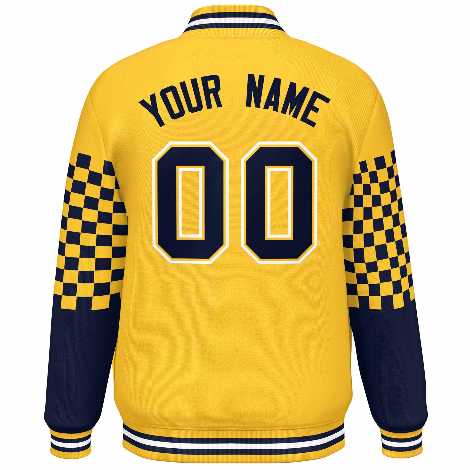 Custom Gold Navy-White Checkered Pattern Color Block Bomber Varsity Jacket