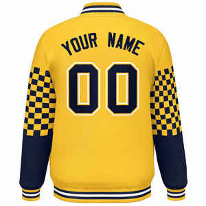 Custom Gold Navy-White Checkered Pattern Color Block Bomber Varsity Jacket