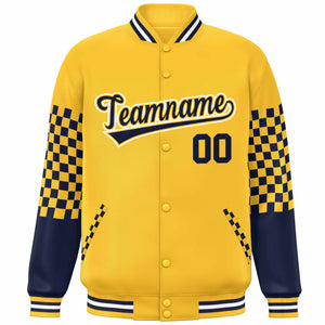 Custom Gold Navy-White Checkered Pattern Color Block Bomber Varsity Jacket