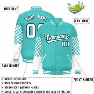 Custom Aqua White-Black Checkered Pattern Color Block Bomber Varsity Jacket