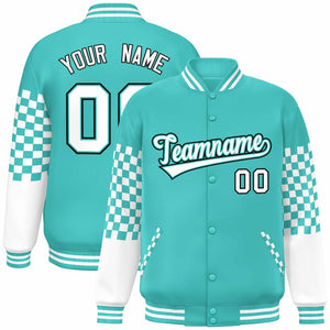 Custom Aqua White-Black Checkered Pattern Color Block Bomber Varsity Jacket