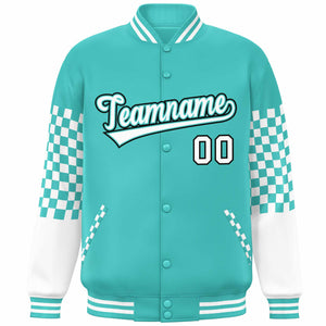 Custom Aqua White-Black Checkered Pattern Color Block Bomber Varsity Jacket