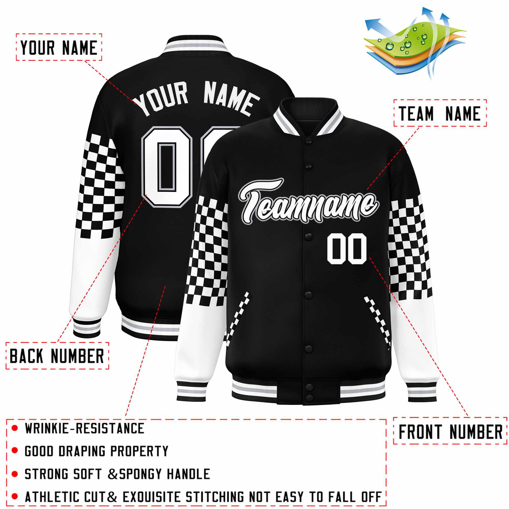 Custom Black White-Gray Checkered Pattern Color Block Bomber Varsity Jacket