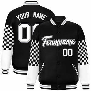 Custom Black White-Gray Checkered Pattern Color Block Bomber Varsity Jacket