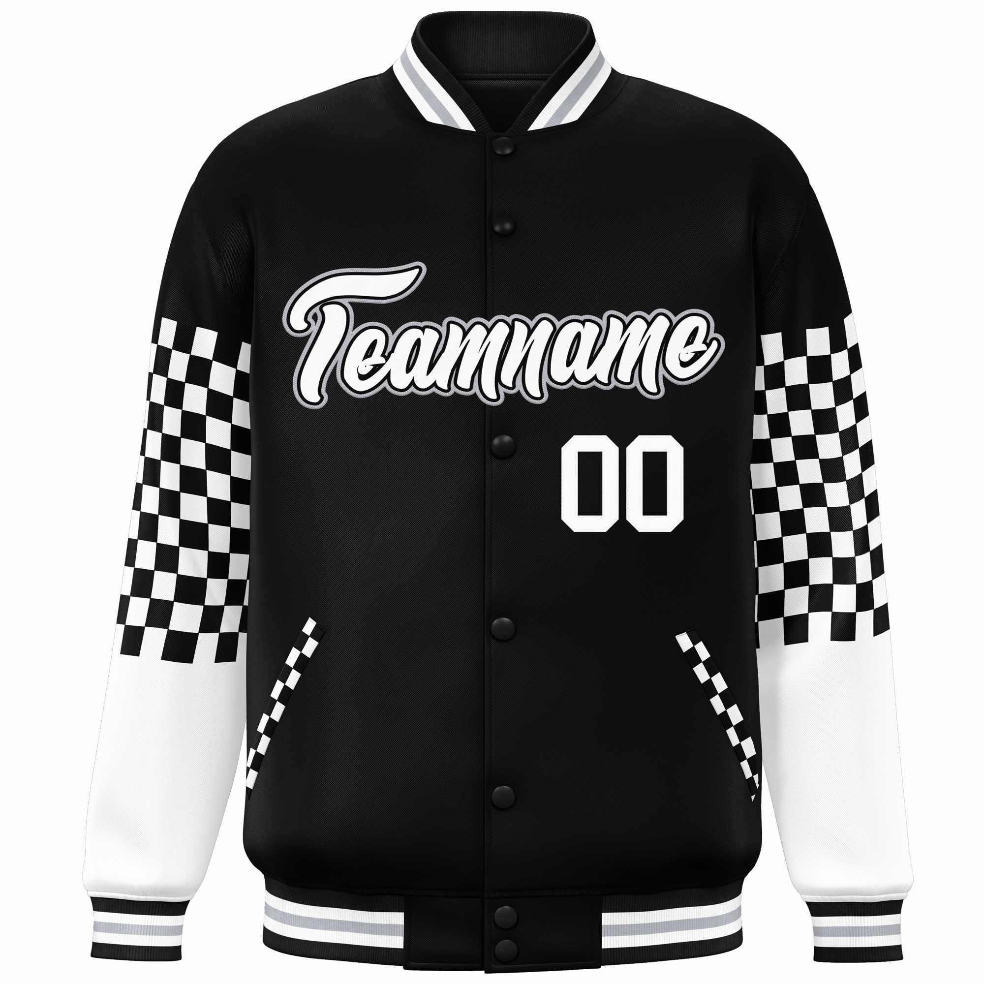 Custom Black White-Gray Checkered Pattern Color Block Bomber Varsity Jacket