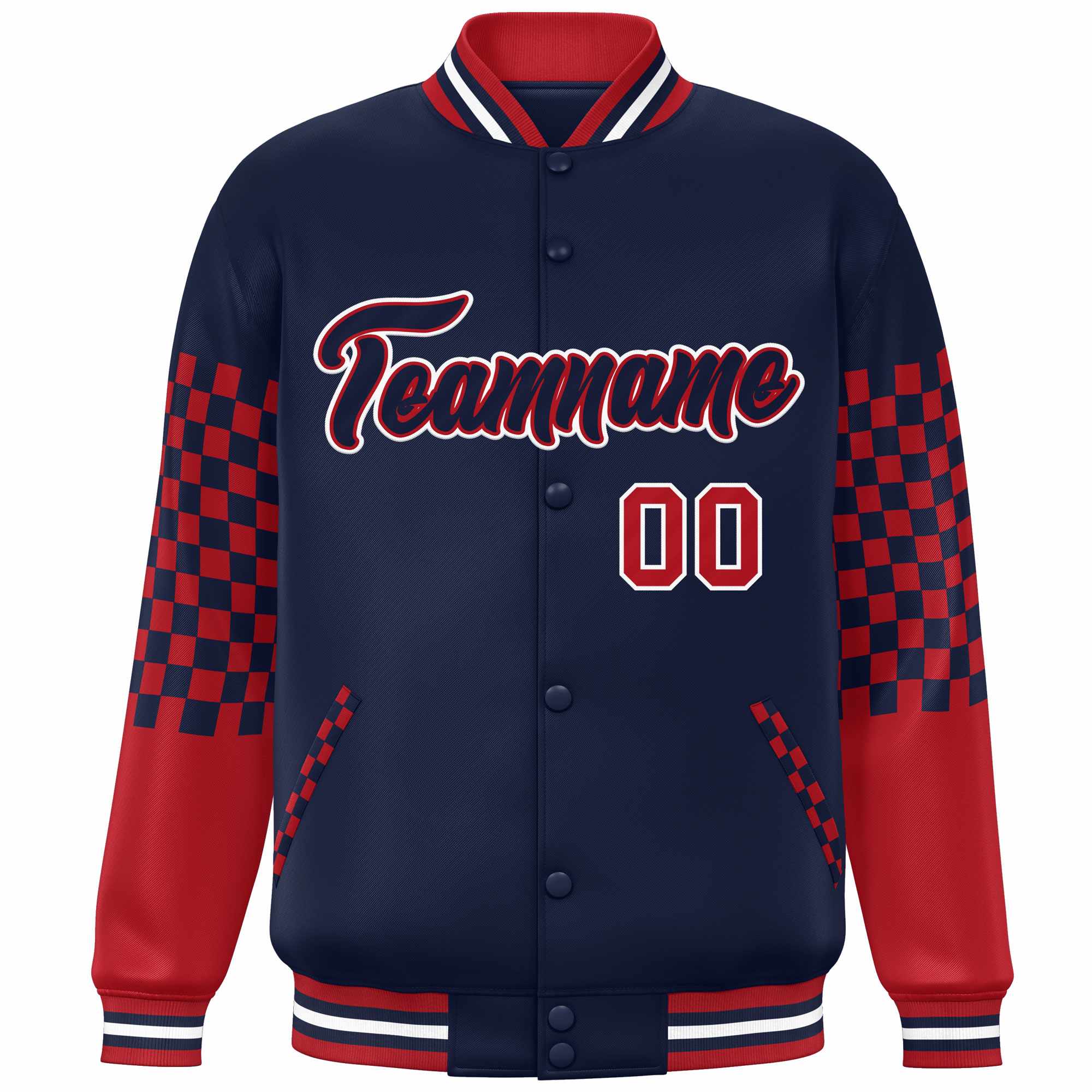 Custom Navy Red-White Checkered Pattern Color Block Bomber Varsity Jacket