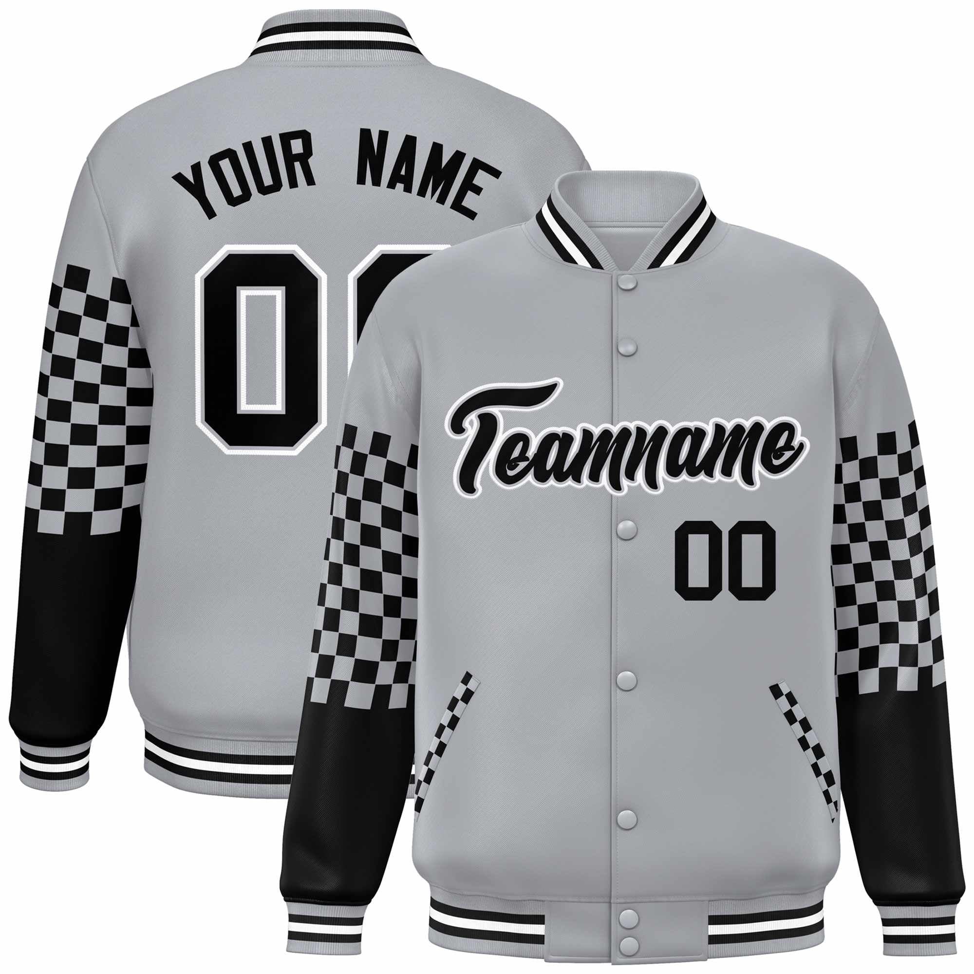 Custom Gray Black-White Checkered Pattern Color Block Bomber Varsity Jacket