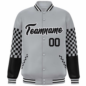 Custom Gray Black-White Checkered Pattern Color Block Bomber Varsity Jacket