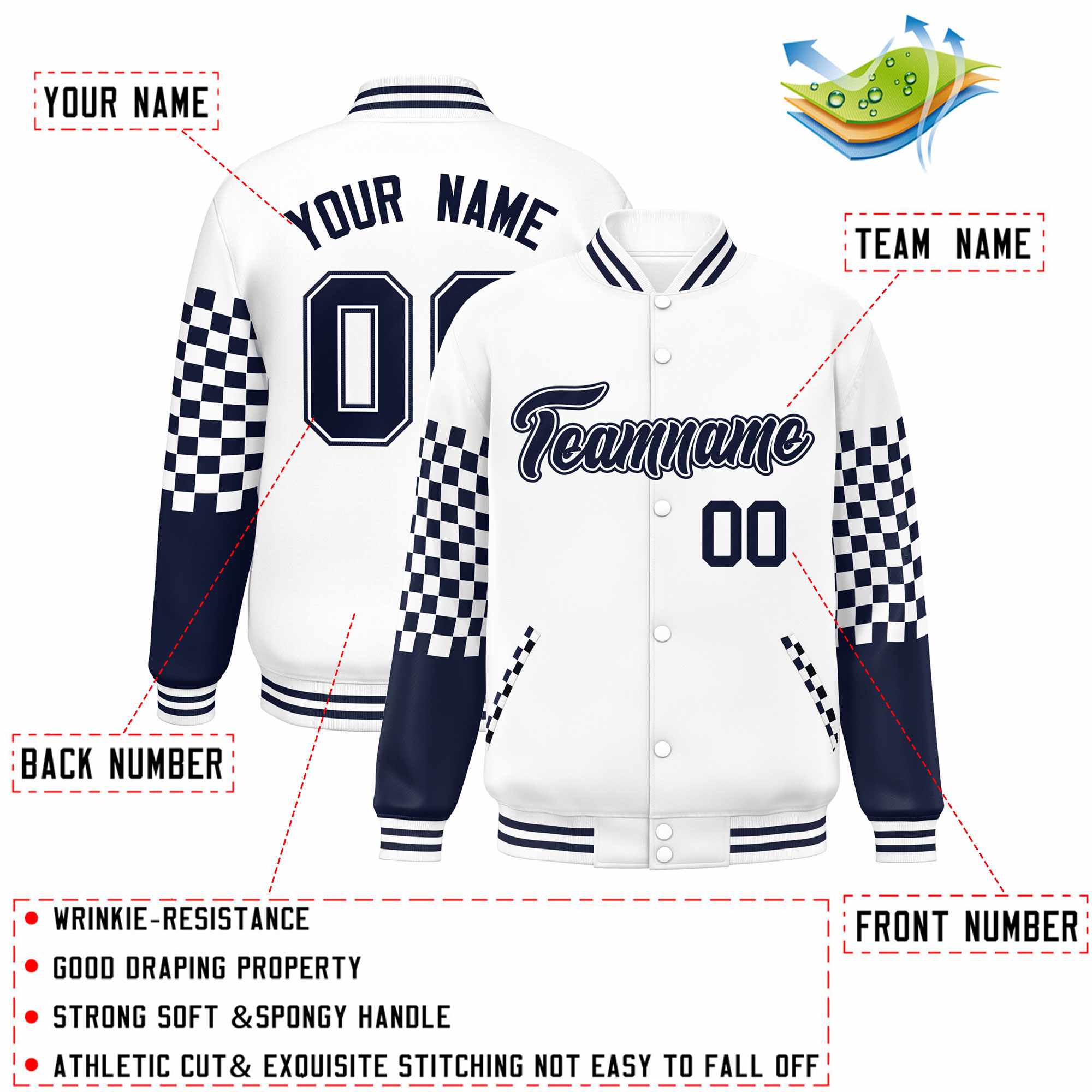 Custom White Navy Checkered Pattern Color Block Bomber Varsity Jacket