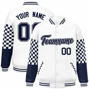 Custom White Navy Checkered Pattern Color Block Bomber Varsity Jacket