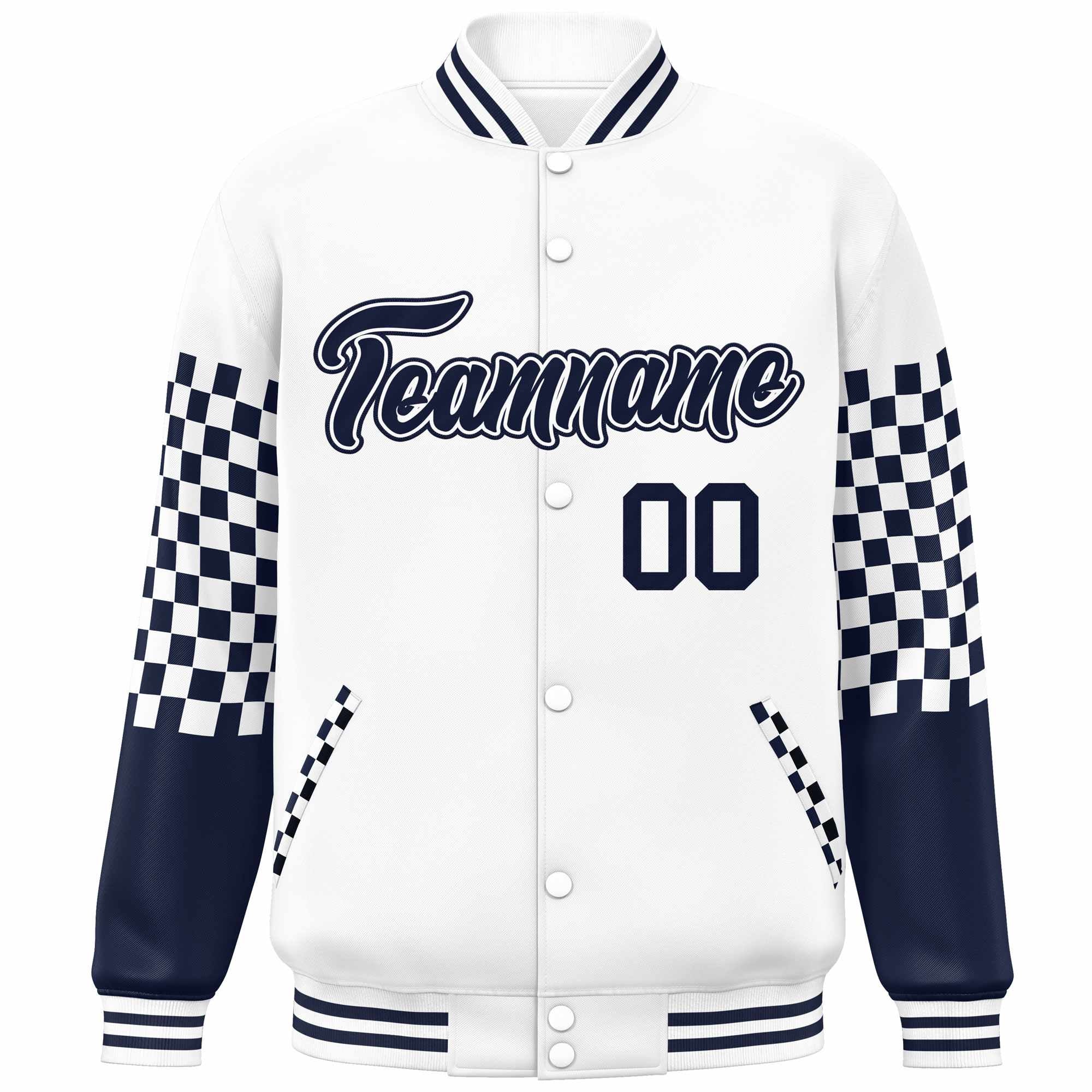 Custom White Navy Checkered Pattern Color Block Bomber Varsity Jacket