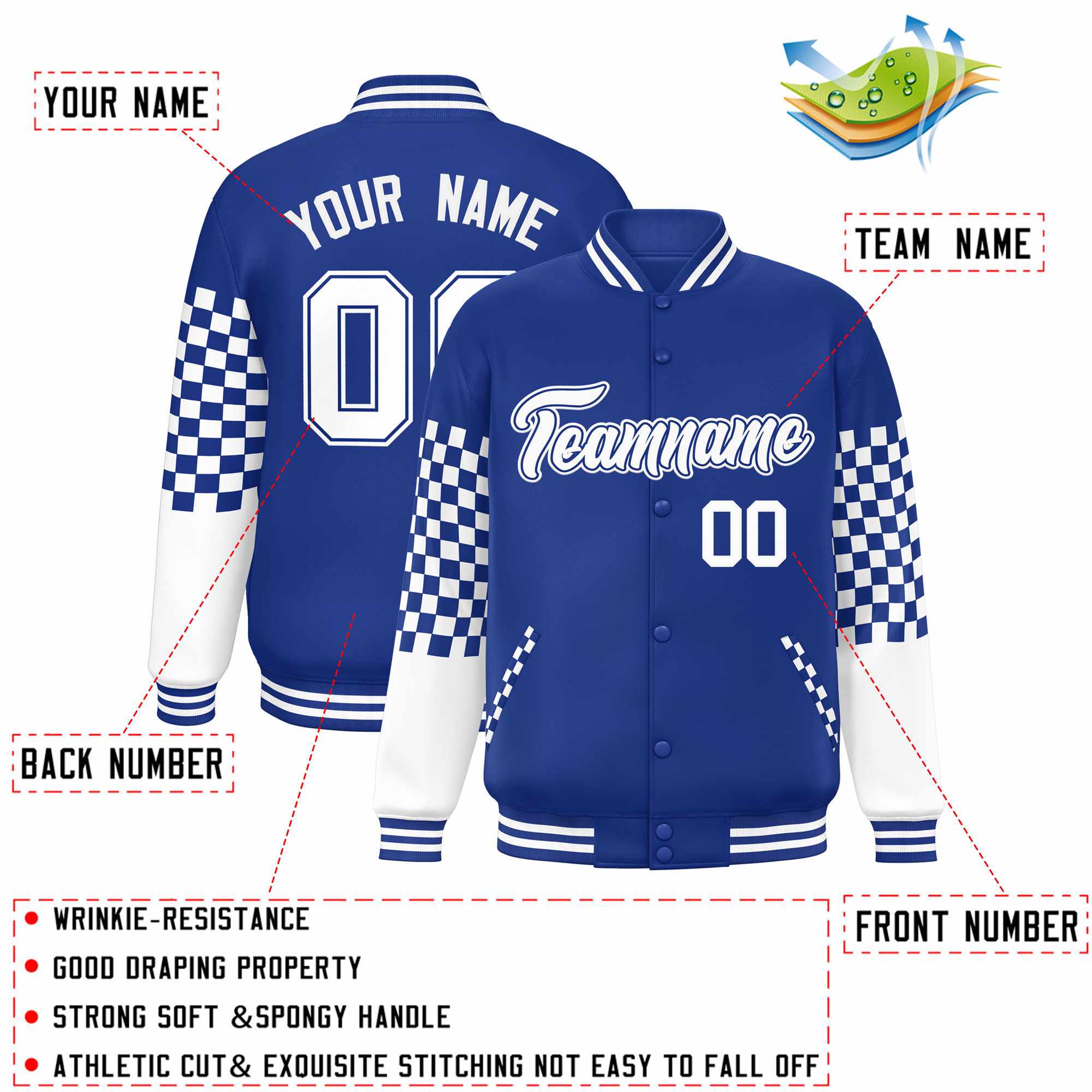 Custom Royal White Checkered Pattern Color Block Bomber Varsity Jacket