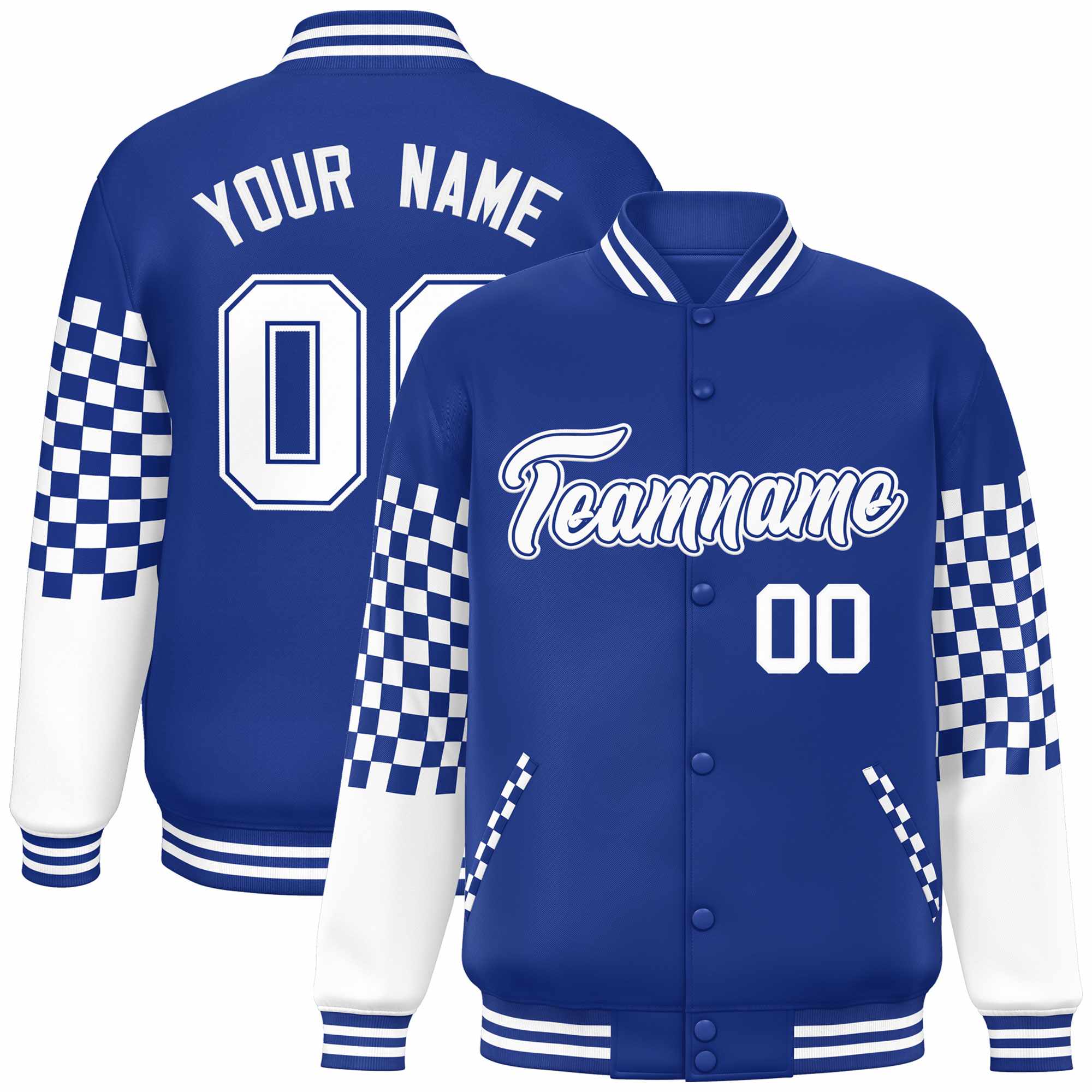 Custom Royal White Checkered Pattern Color Block Bomber Varsity Jacket