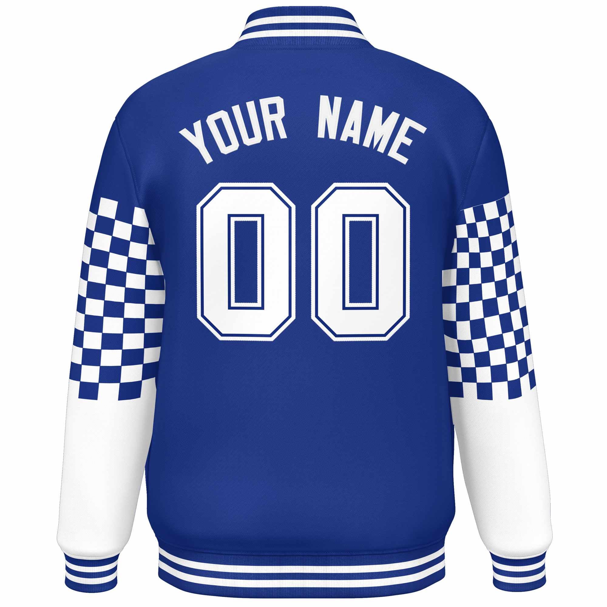 Custom Royal White Checkered Pattern Color Block Bomber Varsity Jacket