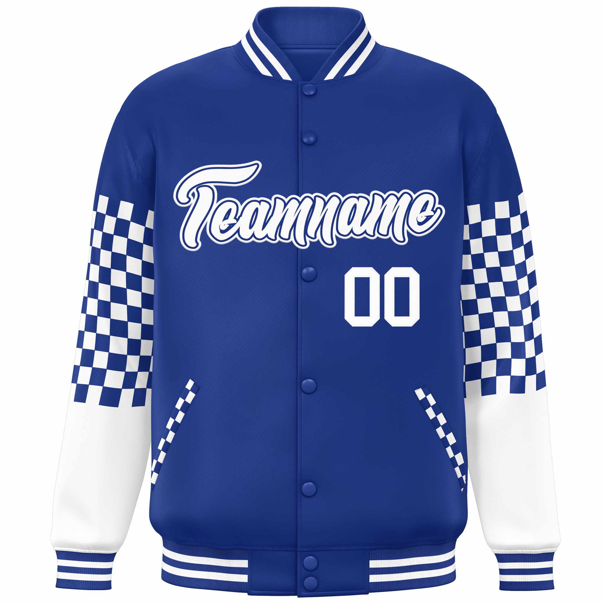 Custom Royal White Checkered Pattern Color Block Bomber Varsity Jacket