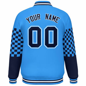 Custom Powder Blue Navy-White Checkered Pattern Color Block Bomber Varsity Jacket