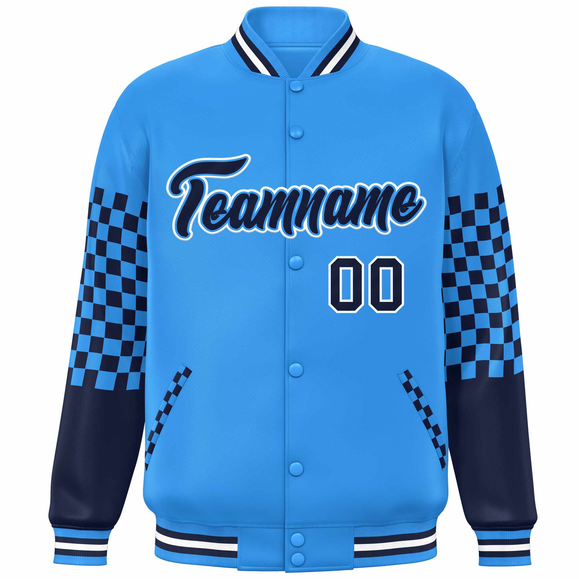 Custom Powder Blue Navy-White Checkered Pattern Color Block Bomber Varsity Jacket