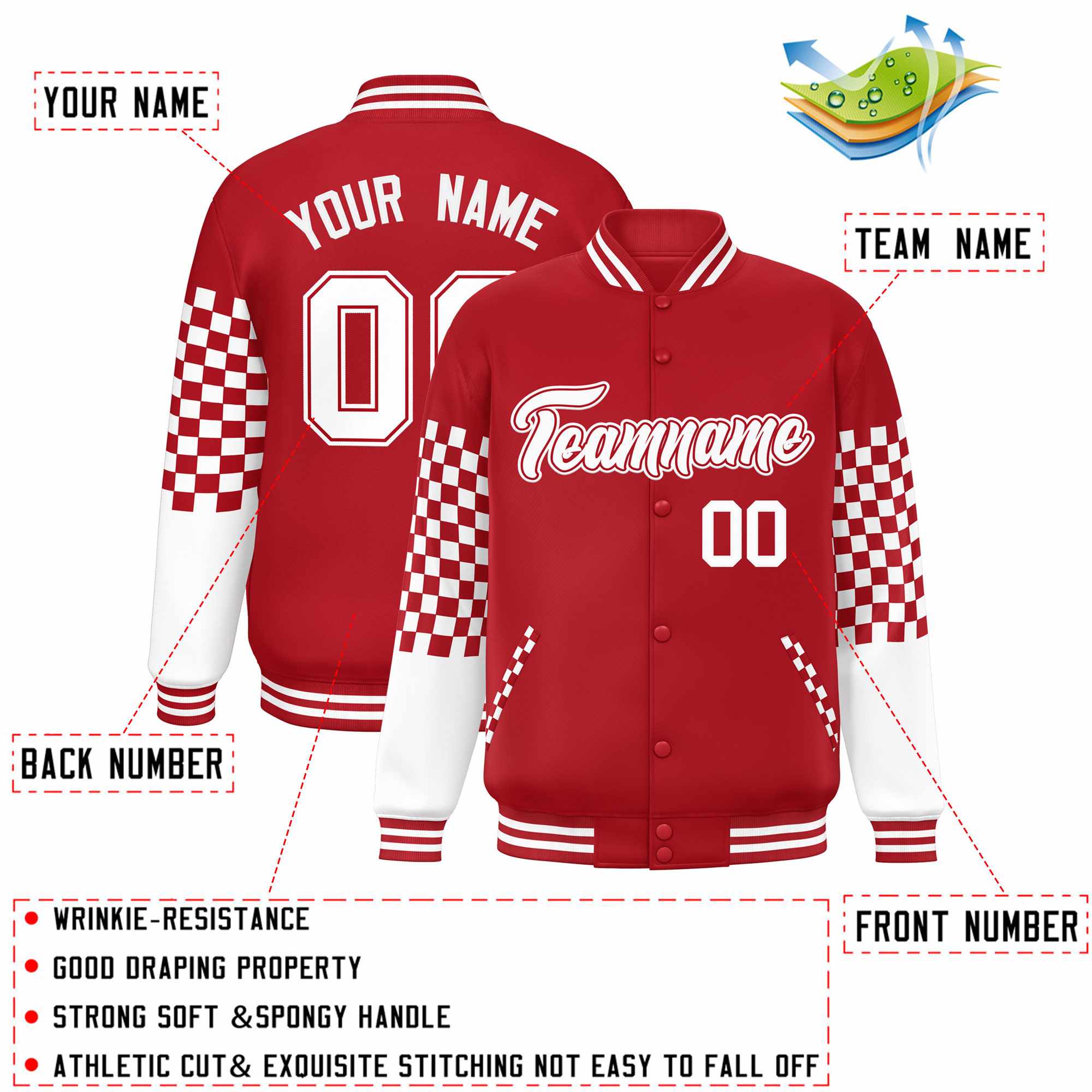 Custom Red White Checkered Pattern Color Block Bomber Varsity Jacket