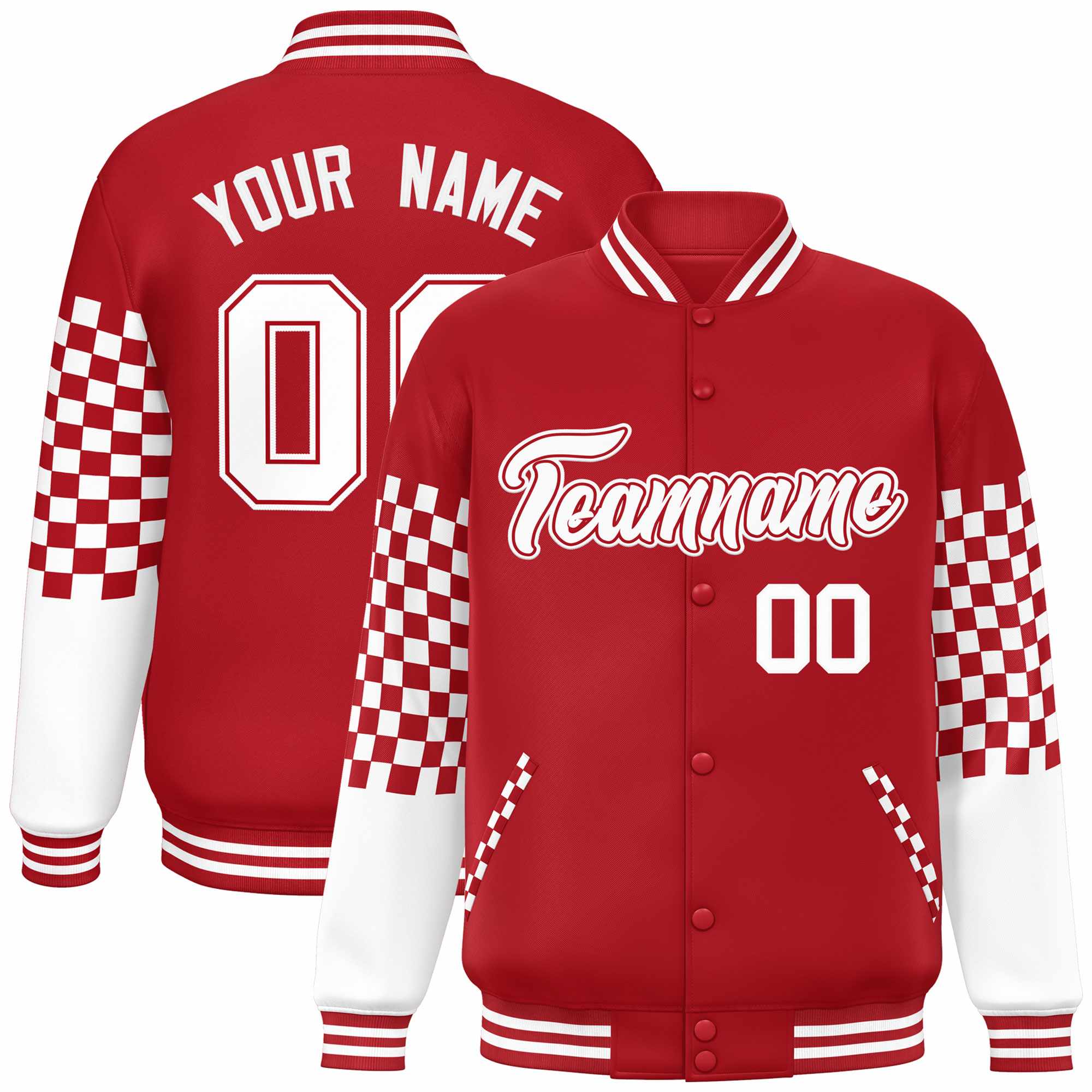 Custom Red White Checkered Pattern Color Block Bomber Varsity Jacket