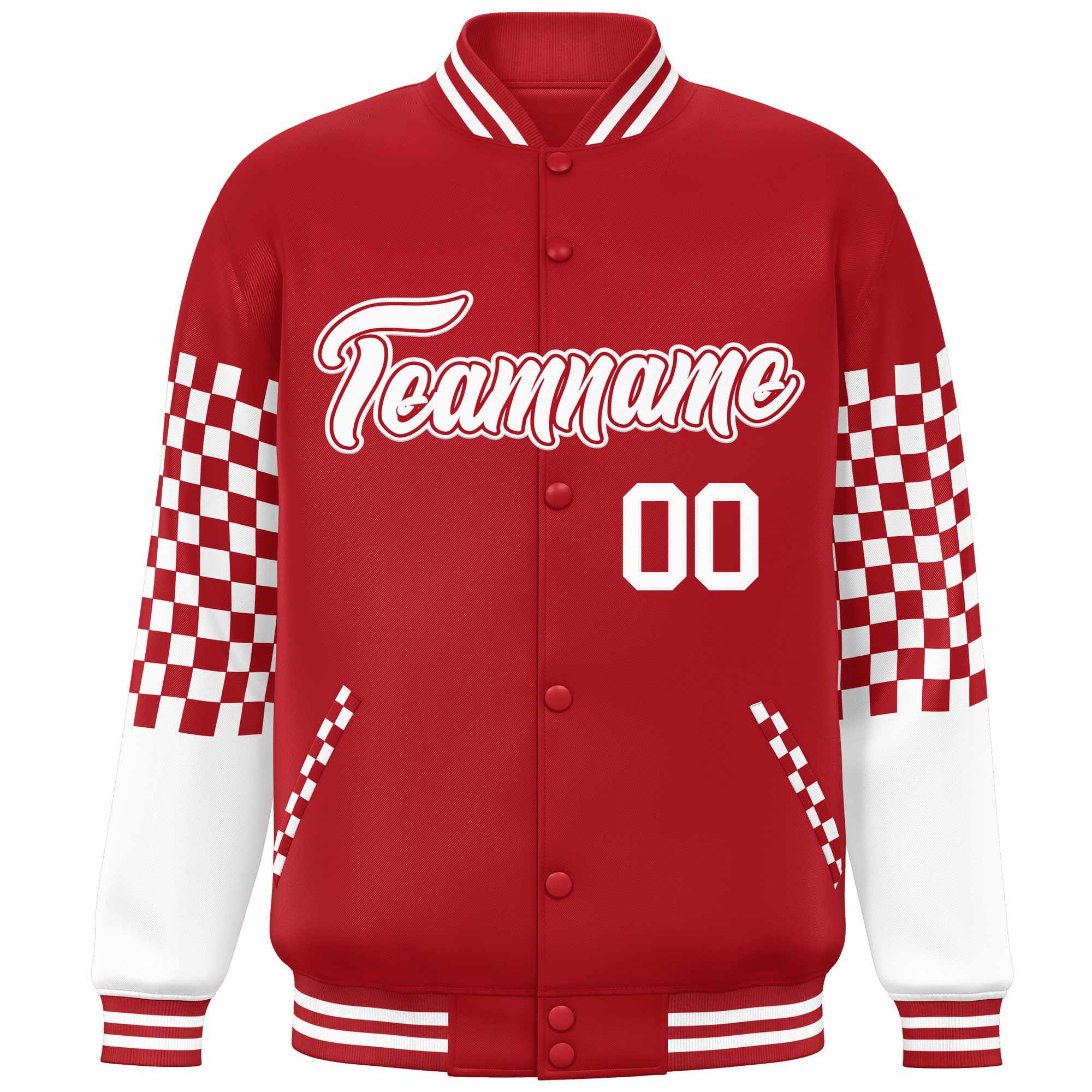 Custom Red White Checkered Pattern Color Block Bomber Varsity Jacket