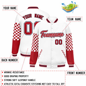 Custom White Red-Navy Checkered Pattern Color Block Bomber Varsity Jacket