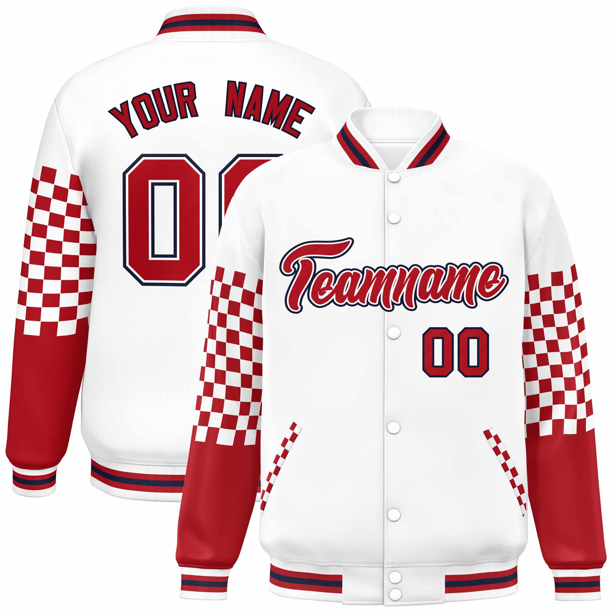 Custom White Red-Navy Checkered Pattern Color Block Bomber Varsity Jacket