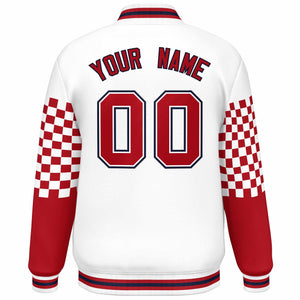 Custom White Red-Navy Checkered Pattern Color Block Bomber Varsity Jacket