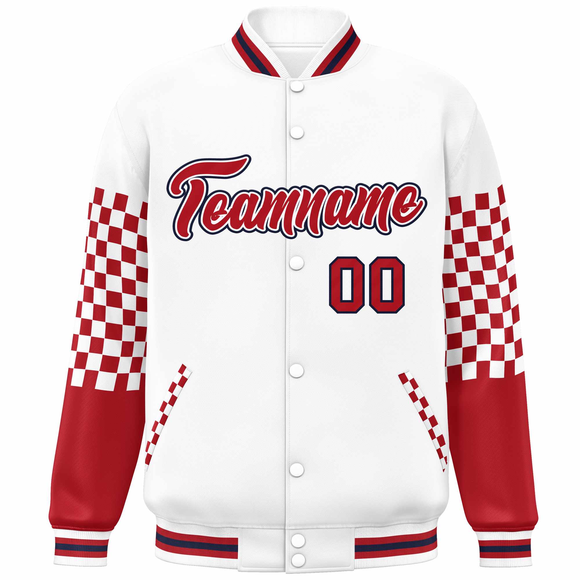 Custom White Red-Navy Checkered Pattern Color Block Bomber Varsity Jacket