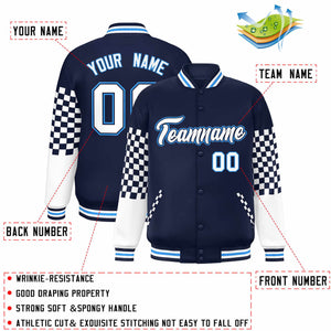 Custom Navy White-Powder Blue Checkered Pattern Color Block Bomber Varsity Jacket